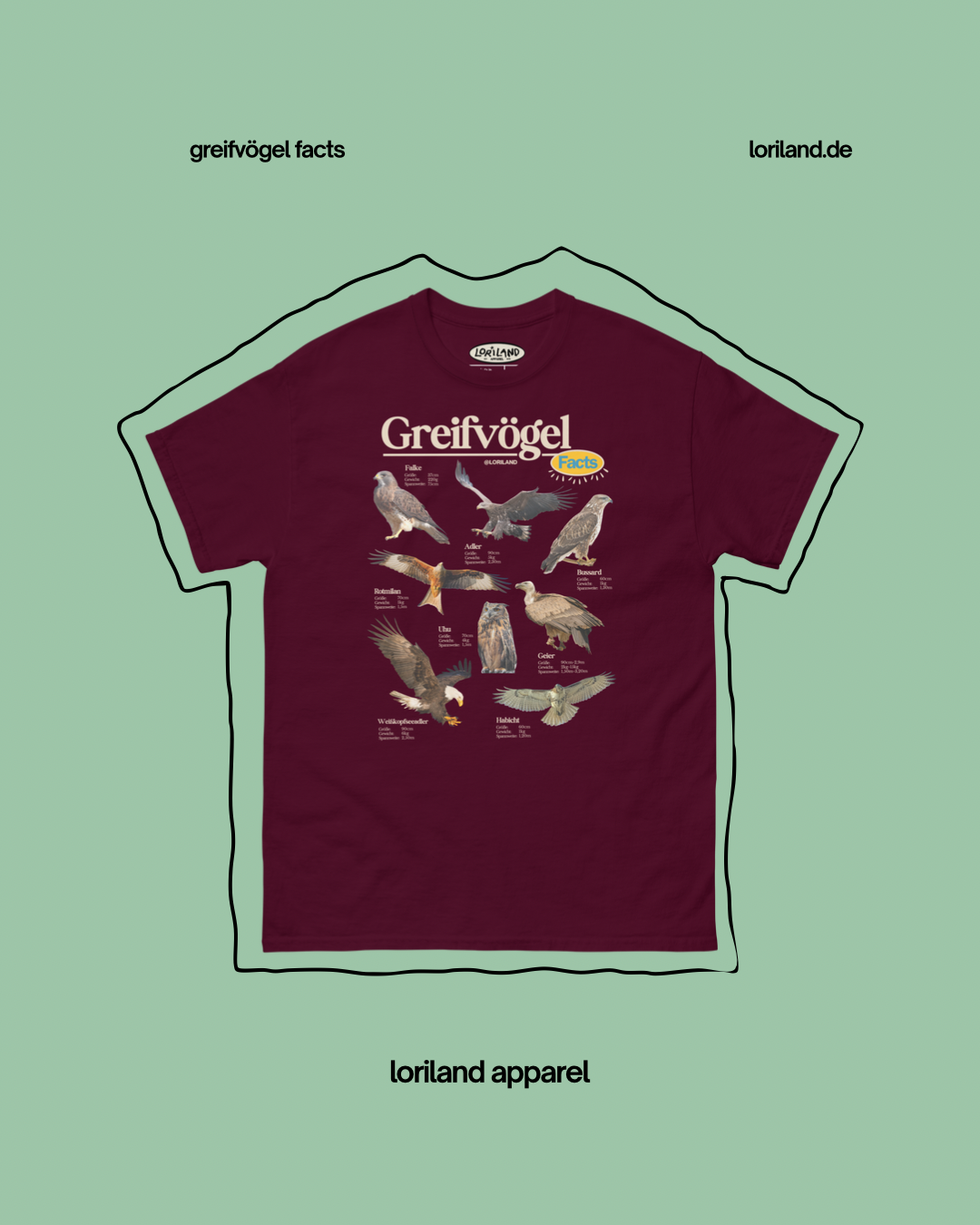 Greifvögel Facts / Unisex T-Shirt mit Retro Aufdruck / Loriland Apparel