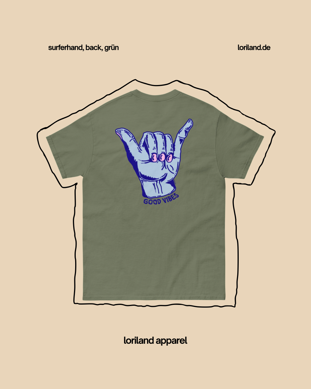 Unisex T-Shirt mit Retro Aufdruck, Surferhand